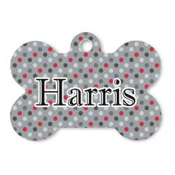 Red & Gray Polka Dots Bone Shaped Dog ID Tag - Large (Personalized)