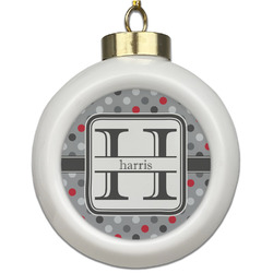 Red & Gray Polka Dots Ceramic Ball Ornament (Personalized)