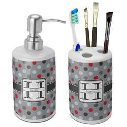 Red & Gray Polka Dots Ceramic Bathroom Accessories Set (Personalized)