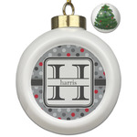 Red & Gray Polka Dots Ceramic Ball Ornament - Christmas Tree (Personalized)