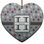 Red & Gray Polka Dots Heart Ceramic Ornament w/ Name and Initial