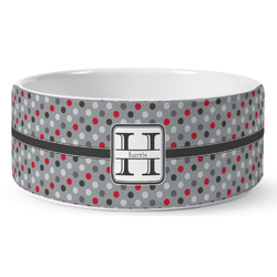 Red & Gray Polka Dots Ceramic Dog Bowl - Large (Personalized)