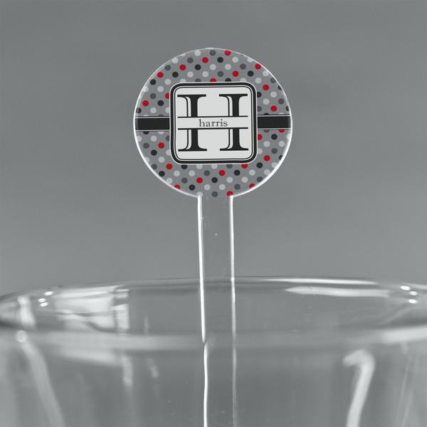 Custom Red & Gray Polka Dots 7" Round Plastic Stir Sticks - Clear (Personalized)