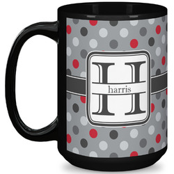 Red & Gray Polka Dots 15 Oz Coffee Mug - Black (Personalized)