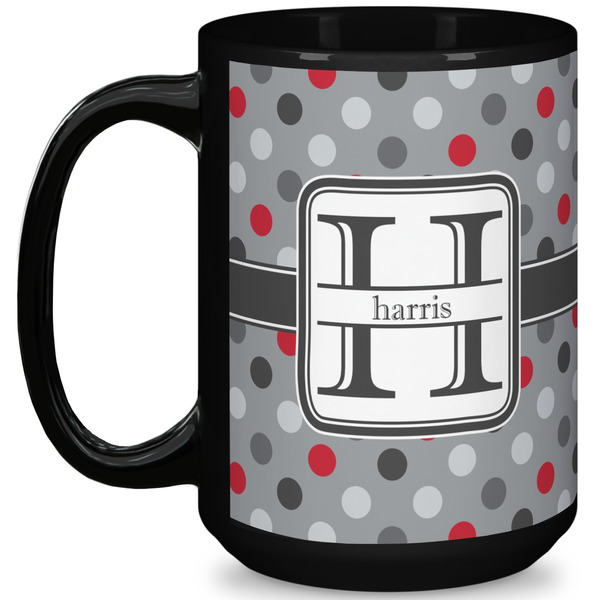 Custom Red & Gray Polka Dots 15 Oz Coffee Mug - Black (Personalized)