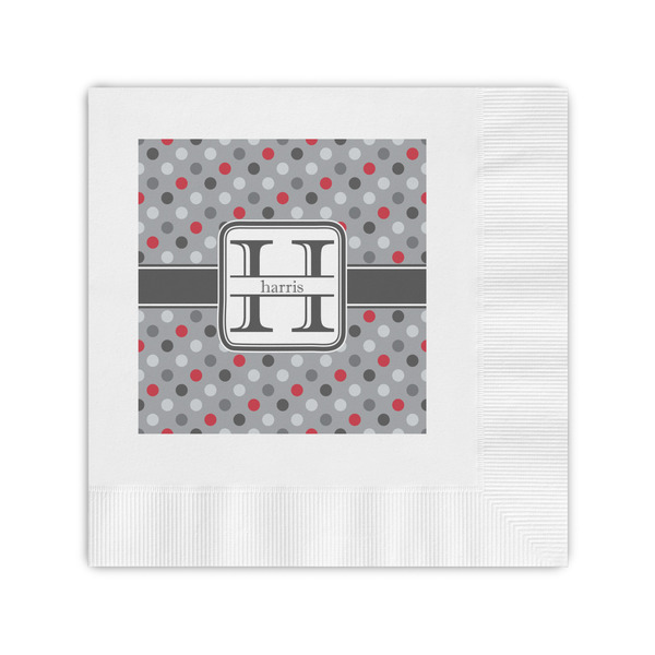 Custom Red & Gray Polka Dots Coined Cocktail Napkins (Personalized)