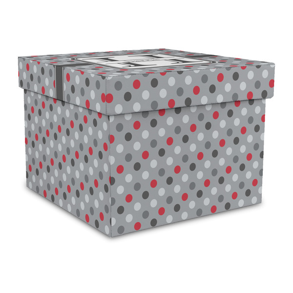 Custom Red & Gray Polka Dots Gift Box with Lid - Canvas Wrapped - Large (Personalized)