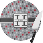 Red & Gray Polka Dots Round Glass Cutting Board (Personalized)
