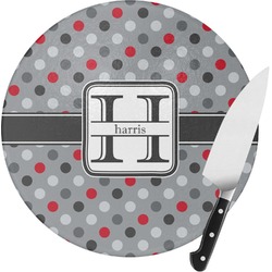 Red & Gray Polka Dots Round Glass Cutting Board - Medium (Personalized)