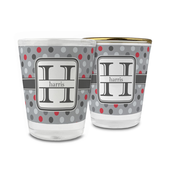 Custom Red & Gray Polka Dots Glass Shot Glass - 1.5 oz (Personalized)