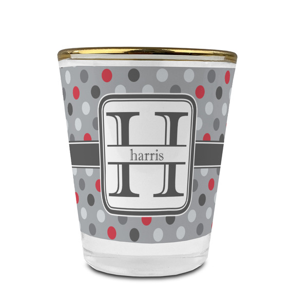 Custom Red & Gray Polka Dots Glass Shot Glass - 1.5 oz - with Gold Rim - Set of 4 (Personalized)