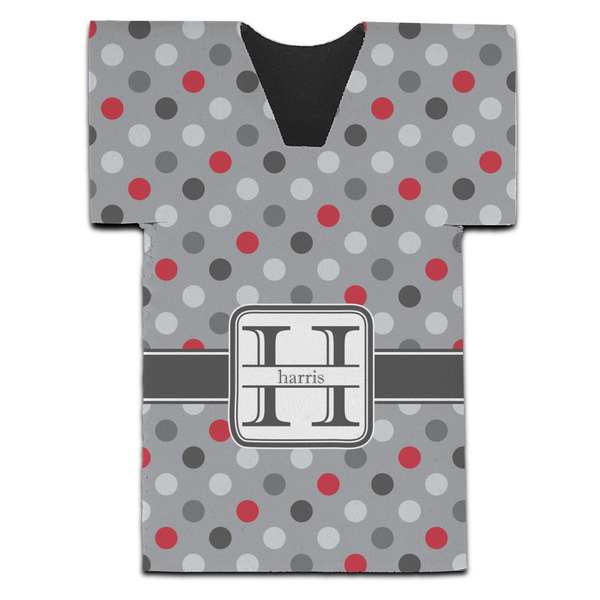 Custom Red & Gray Polka Dots Jersey Bottle Cooler (Personalized)