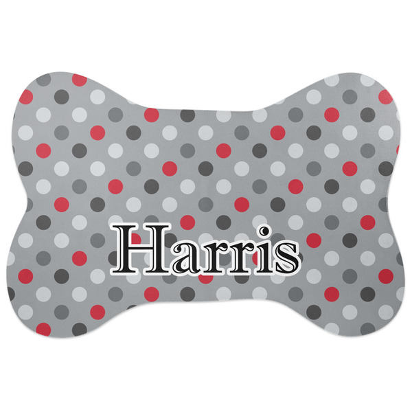 Custom Red & Gray Polka Dots Bone Shaped Dog Food Mat (Large) (Personalized)