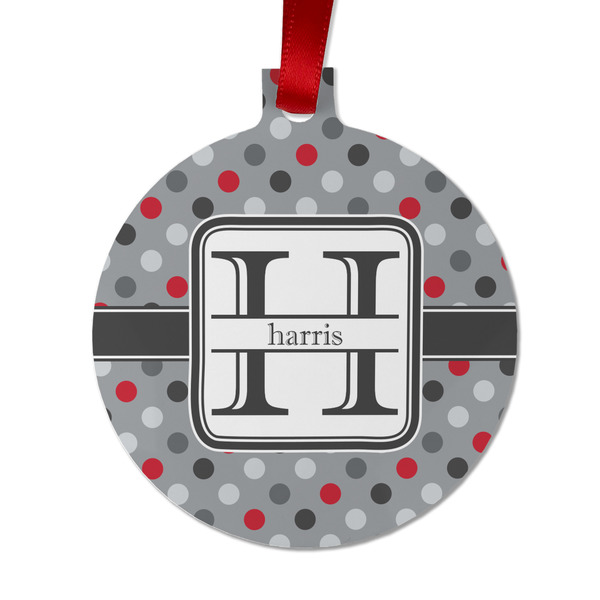 Custom Red & Gray Polka Dots Metal Ball Ornament - Double Sided w/ Name and Initial