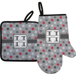 Red & Gray Polka Dots Right Oven Mitt & Pot Holder Set w/ Name and Initial