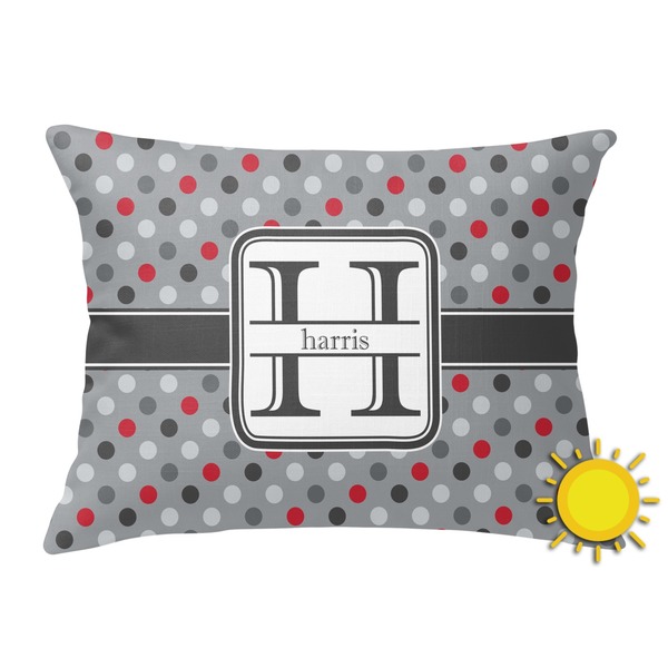 Custom Red & Gray Polka Dots Outdoor Throw Pillow (Rectangular) (Personalized)