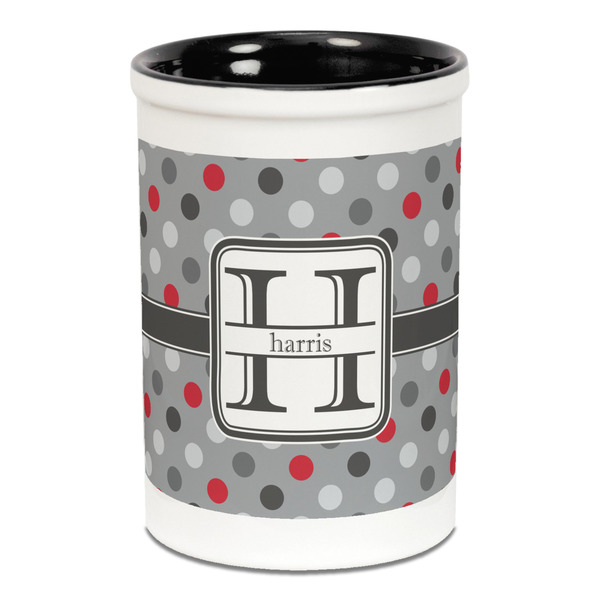 Custom Red & Gray Polka Dots Ceramic Pencil Holders - Black