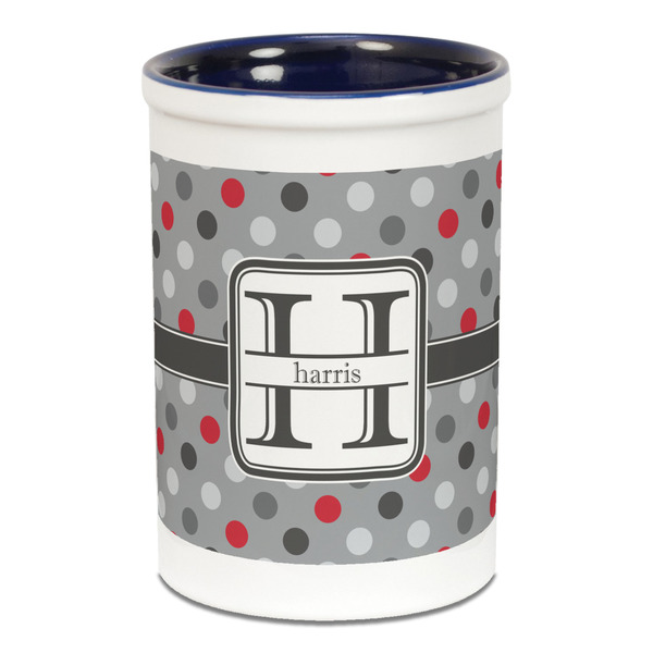 Custom Red & Gray Polka Dots Ceramic Pencil Holders - Blue