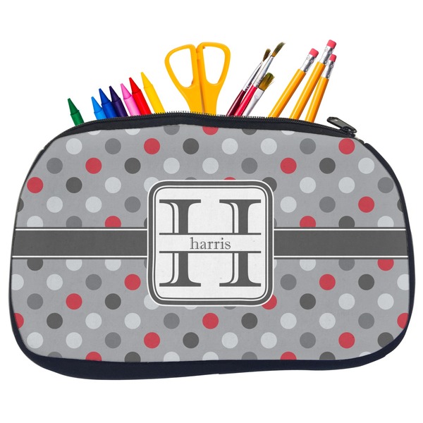 Custom Red & Gray Polka Dots Neoprene Pencil Case - Medium w/ Name and Initial