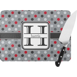 Red & Gray Polka Dots Rectangular Glass Cutting Board - Large - 15.25"x11.25" w/ Name and Initial