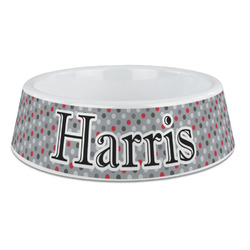 Red & Gray Polka Dots Plastic Dog Bowl - Large (Personalized)