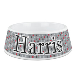 Red & Gray Polka Dots Plastic Dog Bowl (Personalized)