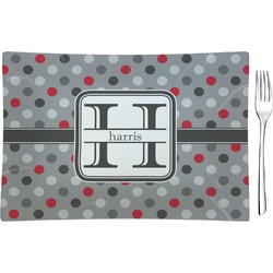 Red & Gray Polka Dots Glass Rectangular Appetizer / Dessert Plate (Personalized)
