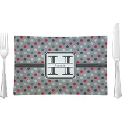 Red & Gray Polka Dots Glass Rectangular Lunch / Dinner Plate (Personalized)