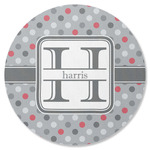 Red & Gray Polka Dots Round Rubber Backed Coaster (Personalized)