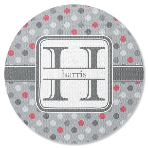 Custom Red & Gray Polka Dots Round Rubber Backed Coaster (Personalized)