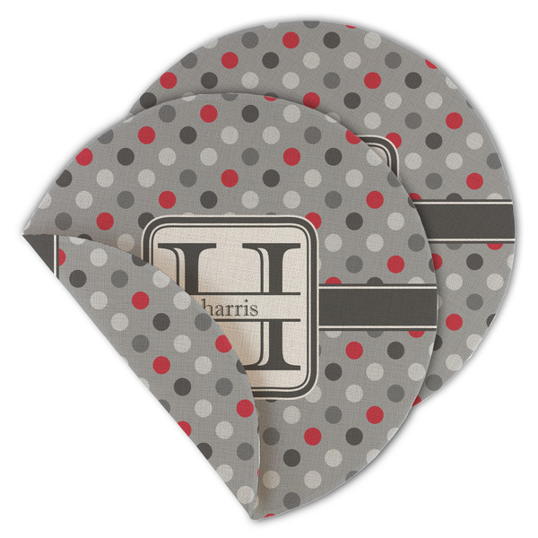 Custom Red & Gray Polka Dots Round Linen Placemat - Double Sided (Personalized)