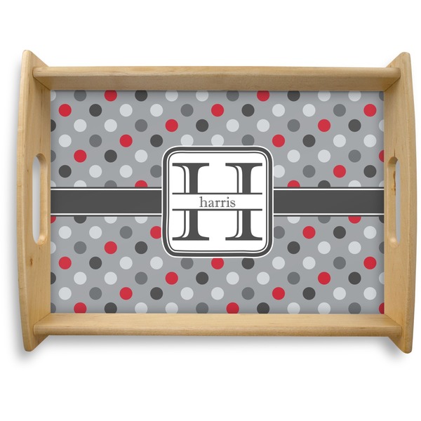 Custom Red & Gray Polka Dots Natural Wooden Tray - Large (Personalized)