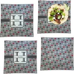 Red & Gray Polka Dots Set of 4 Glass Square Lunch / Dinner Plate 9.5" (Personalized)