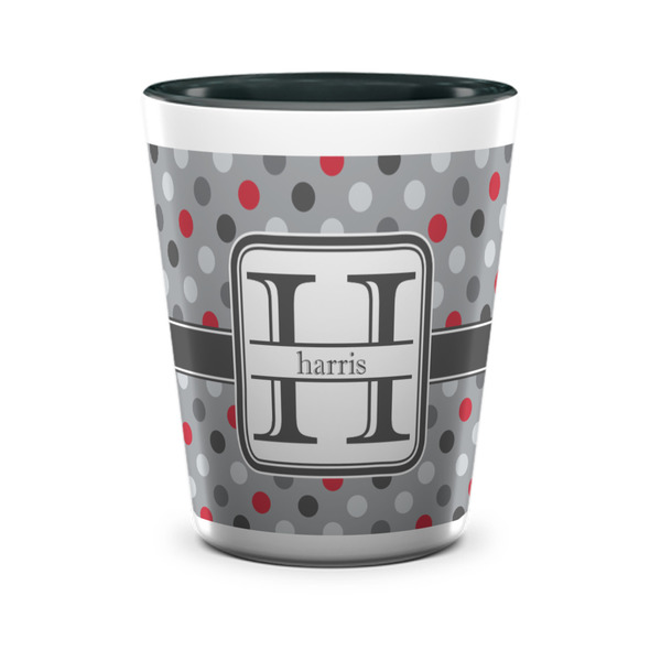 Custom Red & Gray Polka Dots Ceramic Shot Glass - 1.5 oz - Two Tone - Single (Personalized)