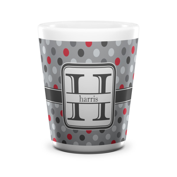 Custom Red & Gray Polka Dots Ceramic Shot Glass - 1.5 oz - White - Set of 4 (Personalized)