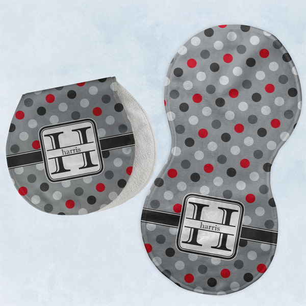 Custom Red & Gray Polka Dots Burp Pads - Velour - Set of 2 w/ Name and Initial