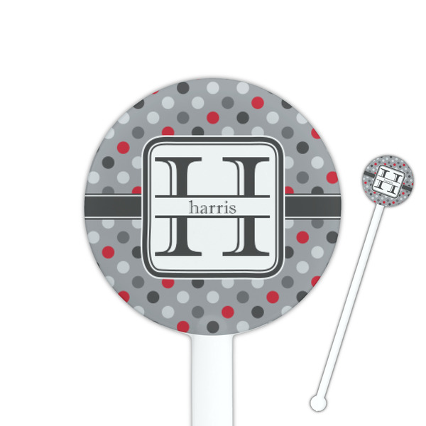 Custom Red & Gray Polka Dots 5.5" Round Plastic Stir Sticks - White - Double Sided (Personalized)