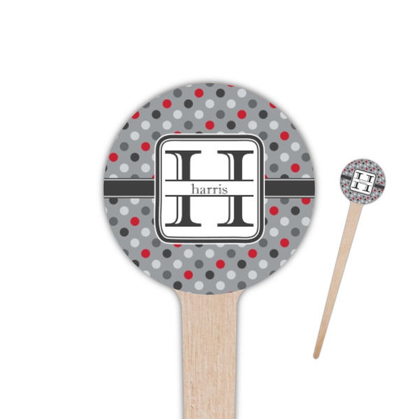 Custom Red & Gray Polka Dots 4" Round Wooden Food Picks - Single Sided (Personalized)