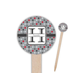 Red & Gray Polka Dots 6" Round Wooden Food Picks - Single Sided (Personalized)