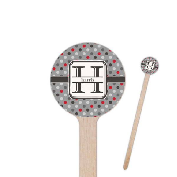 Custom Red & Gray Polka Dots 7.5" Round Wooden Stir Sticks - Single Sided (Personalized)