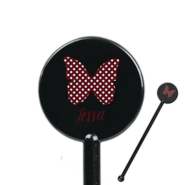 Custom Polka Dot Butterfly 5.5" Round Plastic Stir Sticks - Black - Double Sided (Personalized)