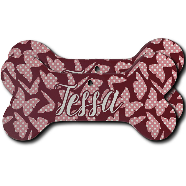 Custom Polka Dot Butterfly Ceramic Dog Ornament - Front & Back w/ Name or Text