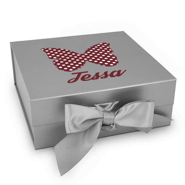 Custom Polka Dot Butterfly Gift Box with Magnetic Lid - Silver (Personalized)