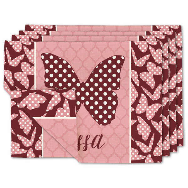 Custom Polka Dot Butterfly Double-Sided Linen Placemat - Set of 4 w/ Name or Text
