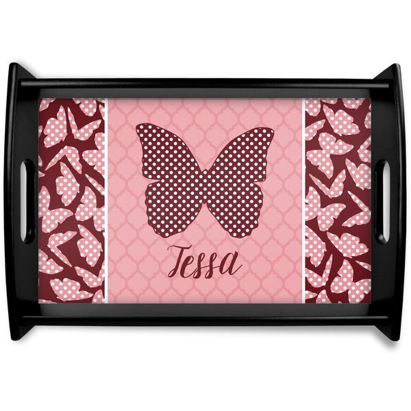Custom Polka Dot Butterfly Black Wooden Tray - Small (Personalized)