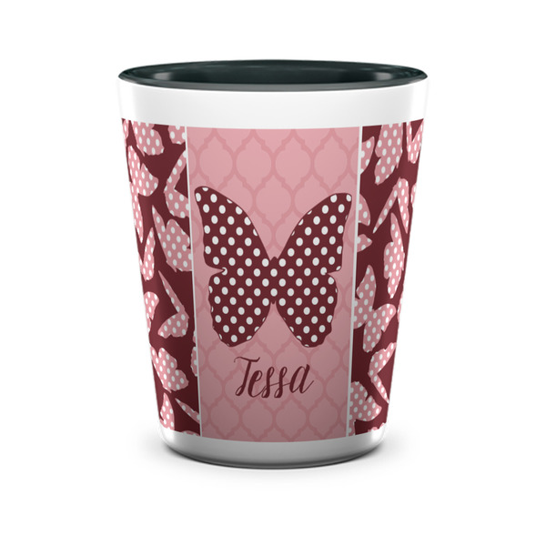 Custom Polka Dot Butterfly Ceramic Shot Glass - 1.5 oz - Two Tone - Single (Personalized)