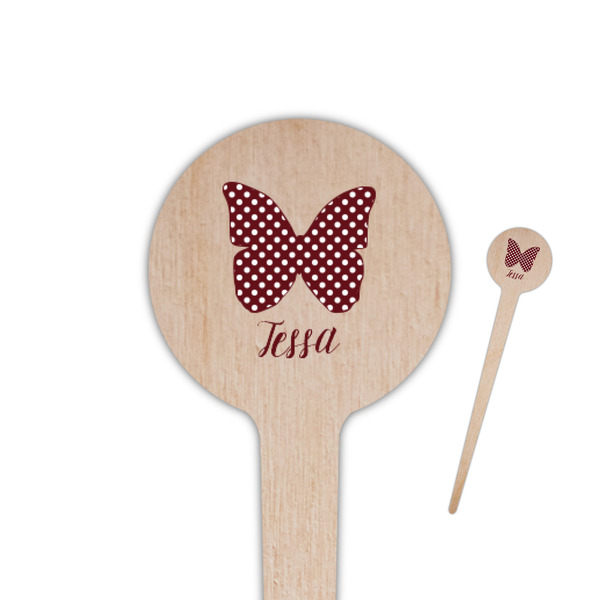 Custom Polka Dot Butterfly 4" Round Wooden Food Picks - Single Sided (Personalized)