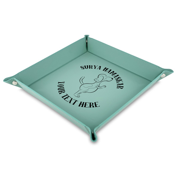 Custom Yoga Dogs Sun Salutations Faux Leather Dice Tray - 9" x 9"  - Teal (Personalized)