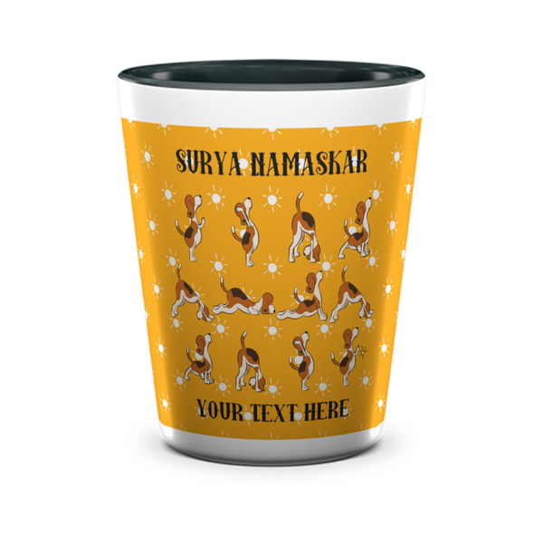 Custom Yoga Dogs Sun Salutations Ceramic Shot Glass - 1.5 oz - Two Tone - Set of 4 (Personalized)