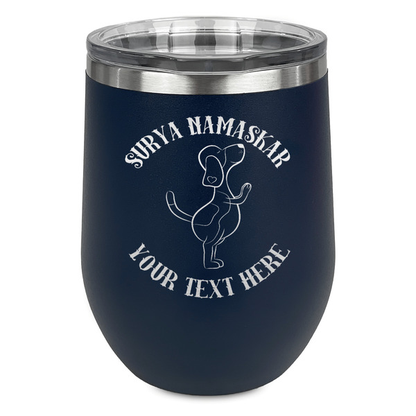 Custom Yoga Dogs Sun Salutations Stemless Stainless Steel Wine Tumbler - Navy - Double Sided (Personalized)